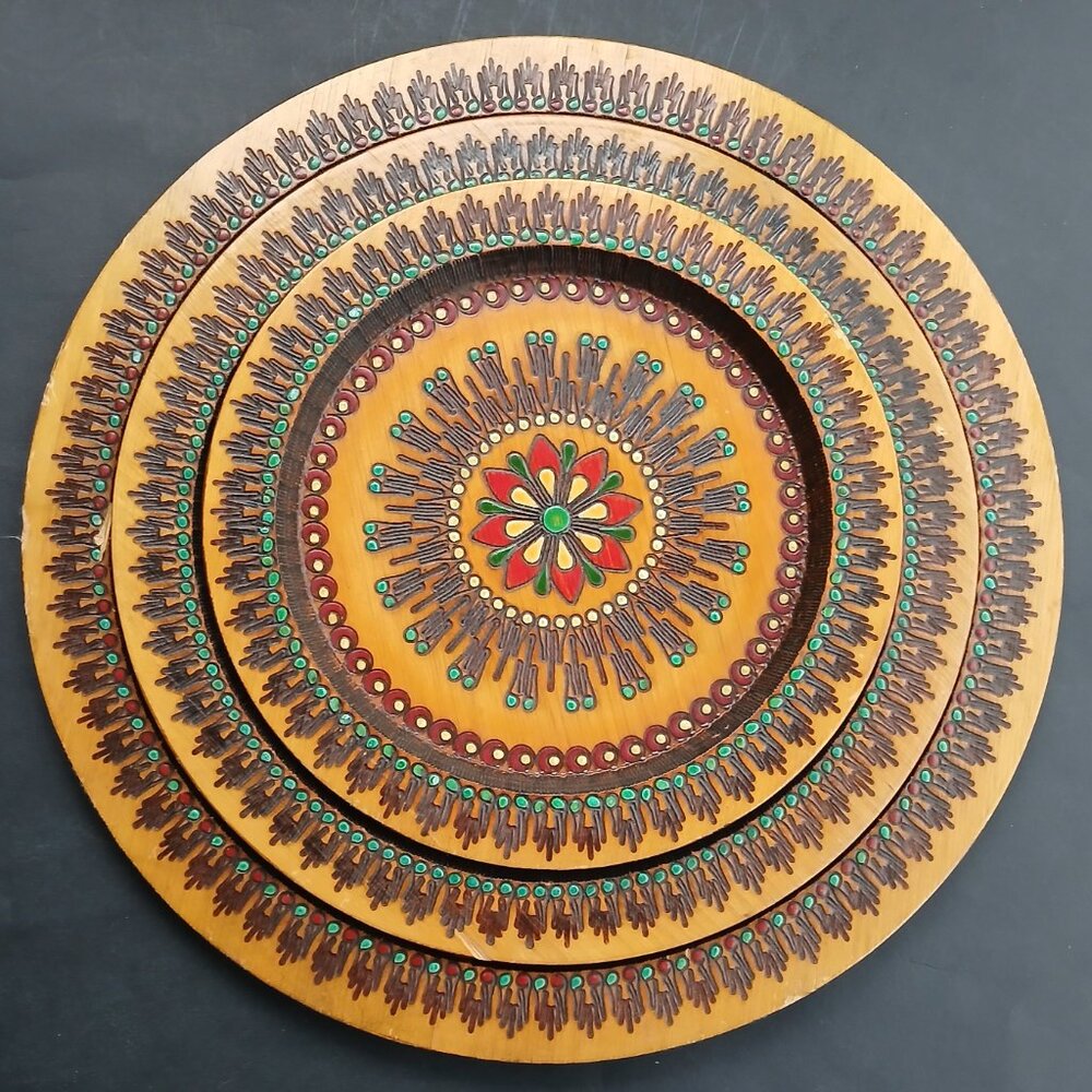 VTG Handcrafted Set of 3 Wooden Trays Decorative Plates Folk Art Mandala Design